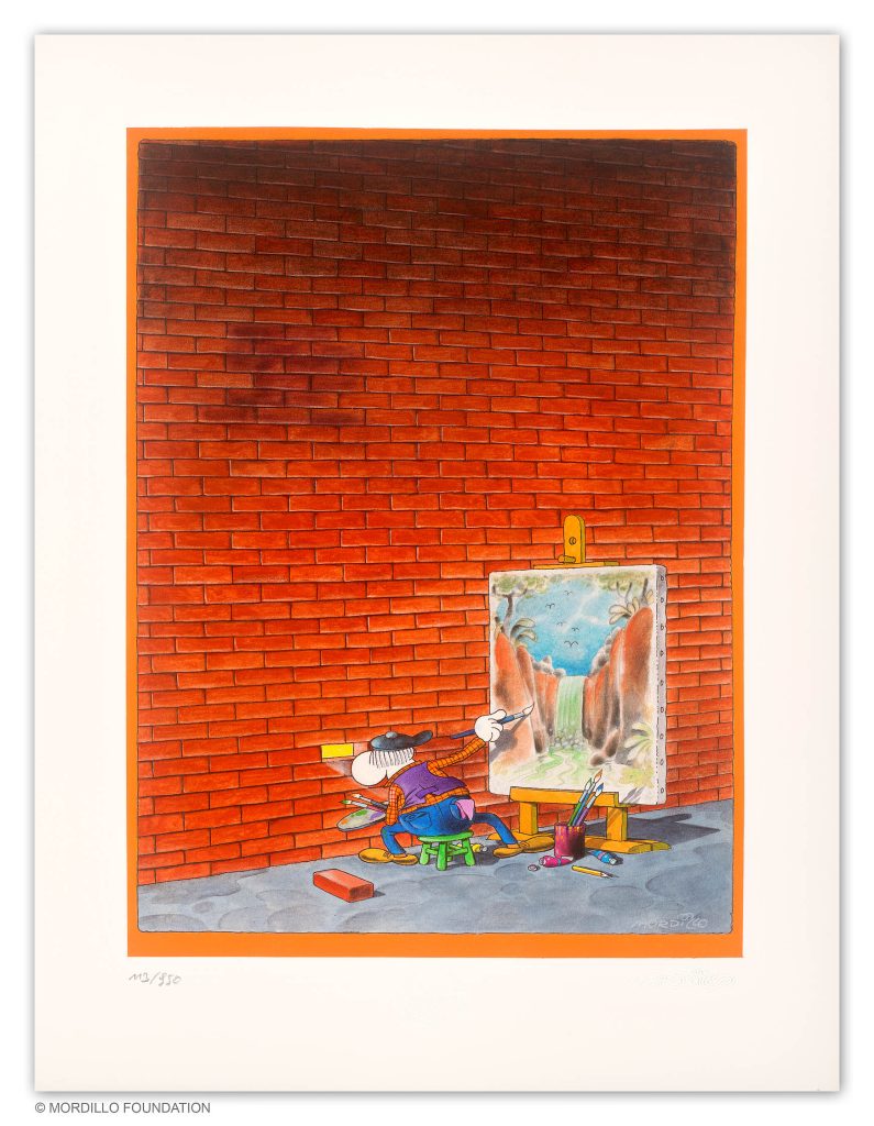 Mordillo: Through the Wall, Pigmentdruck auf Bütten, 42 cm x 31 cm, Auflage 950 (RSET-MO-2595-B-A) 650 Euro ohne Rahmen
