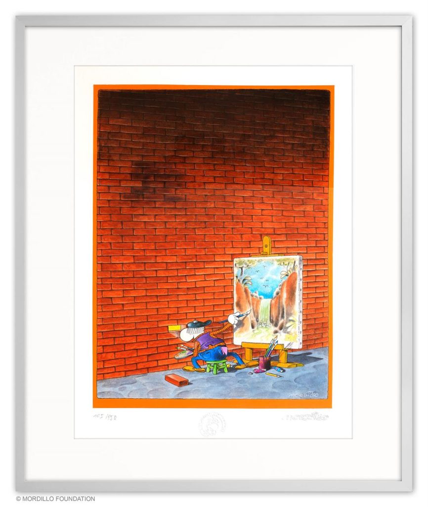 Mordillo: Through the Wall, Pigmentdruck auf Bütten, 42 cm x 31 cm, Auflage 950 (RSET-MO-2595-B-A) 650 Euro ohne Rahmen