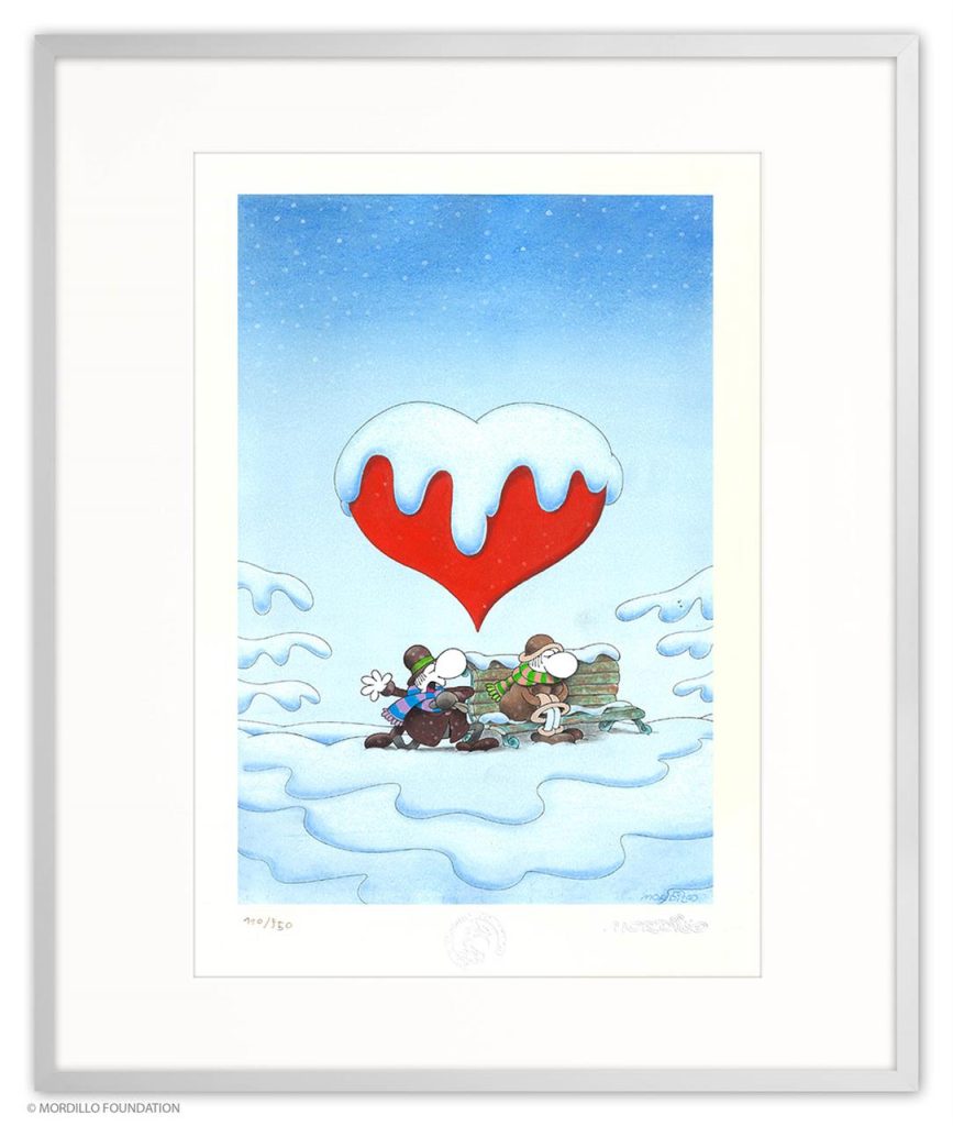 Mordillo: Snowy Heart, Pigmentdruck auf Bütten, 27,8 cm x 42 cm, Auflage 950 (MO-4027-A-M) 650 Euro ohne Rahmen